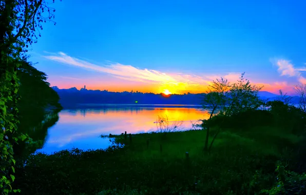 Sky, Grass, Sun, Water, Sunrise, Dawn, Morning, Lake