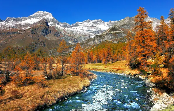 Осень, снег, деревья, горы, природа, река, Италия, Траскуэра