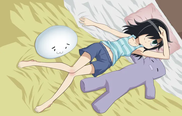 Девушка, игрушки, шорты, кровать, майка, WataMote, Watashi ga motenai no wa dou kangaetemo omaera ga …