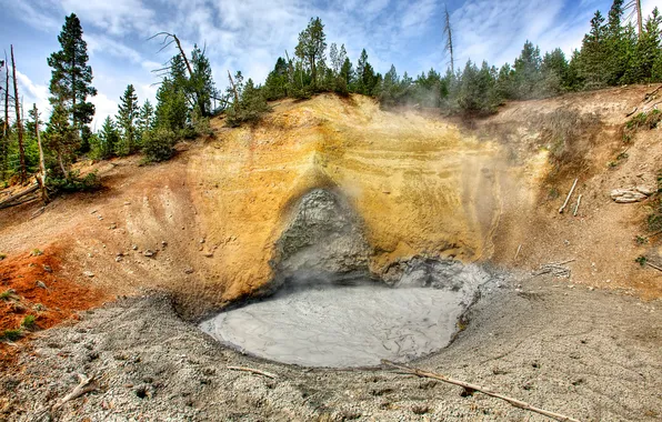 Картинка небо, деревья, горы, вулкан, грязь, сша, Yellowstone