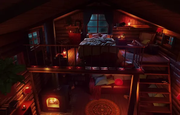 Fire, wood, bed, cabin, cabinet in bunker, lights effect