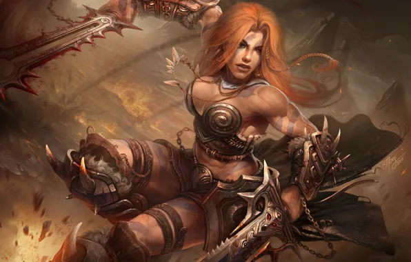 Картинка оружие, женщина, цепи, Barbarian, Diablo-III