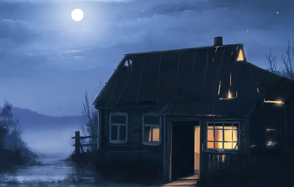 Картинка ночь, дом, дерево, луна, арт, пустош