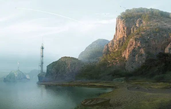 Картинка горы, берег, лодка, антенны