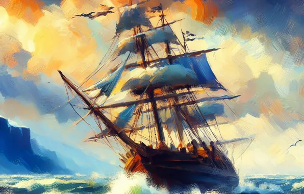 Море, волны, небо, облака, закат, скалы, ветер, краски