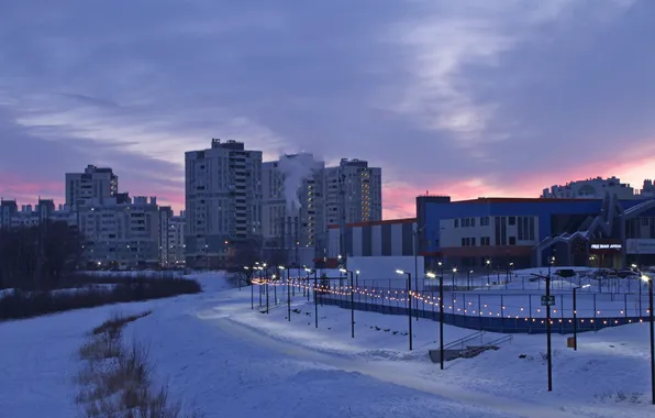 Картинка небо, облака, снег, здания, дома, весна, вечер, Россия