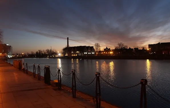 City, river, night, building