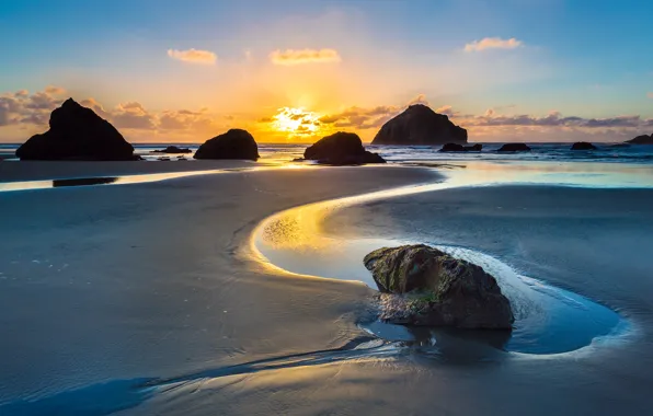 Пляж, океан, скалы, рассвет, USA, Oregon, &ampquot;Face Rock&ampquot; in Bandon