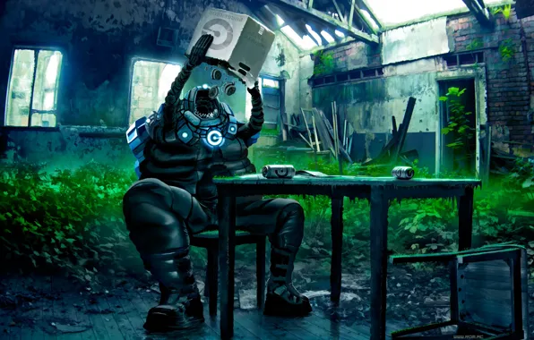 Стол, стул, банки, помещение, Romantically Apocalyptic