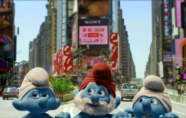 Картинка город, Нью-Йорк, улицы, смотрят, Смурфы, гномики, Смурфики, Smurfs