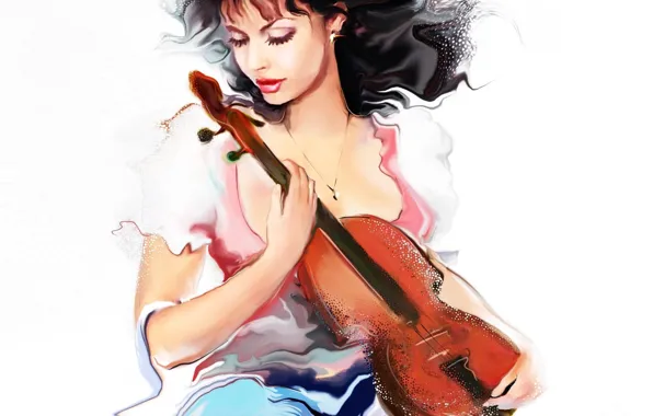 Картинка взгляд, девушка, музыка, скрипка, волосы, художник, белый фон, кудри