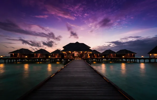 Картинка закат, океан, пирс, бунгало, Maldives, Anantara Resort, Anantara Veli Resort and Spa