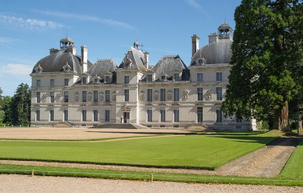 Замок, газон, Франция, дорожка, France, Замок Шеверни, Chateau de Cheverny