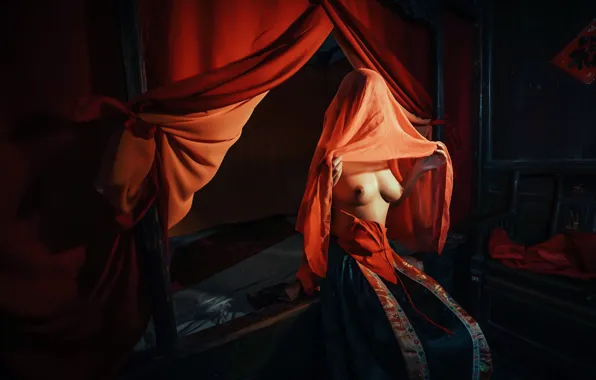 Грудь, девушка, секси, поза, модель, кровать, юбка, фигура