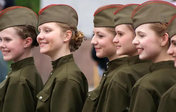 Девушки, парад, красивые, военные, пилотки