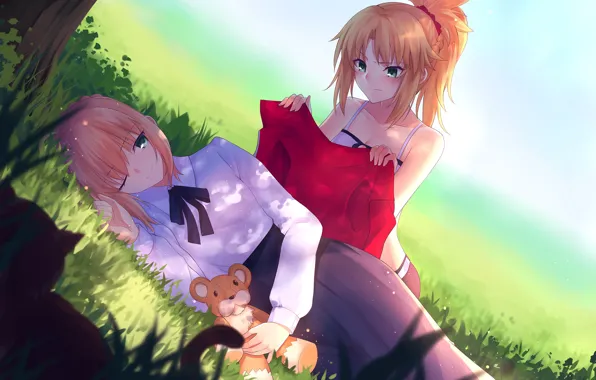 Девушки, Медвежонок, Поляна, Сейбер, Кросовер, Fate / Stay Night, Fate / Grand Order