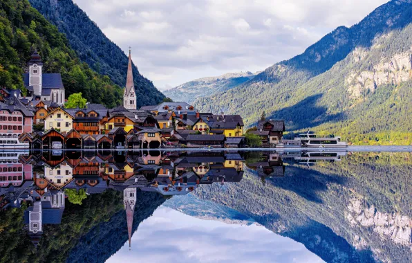 Картинка облака, горы, озеро, отражение, дома, Австрия, Альпы, леса
