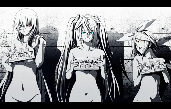 Vocaloid, hatsune miku, megurine luka, kagamine rin, монохром, ism