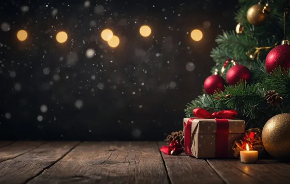 Шарики, огни, темный фон, подарок, доски, свеча, Рождество, Новый год