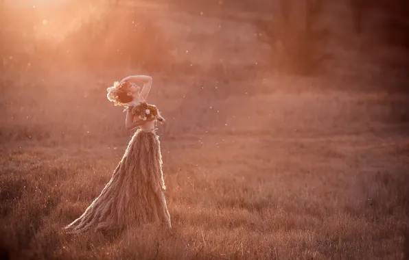 Картинка поле, закат, природа, женщина