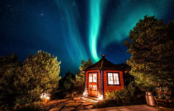 Картинка лес, деревья, пейзаж, ночь, дом, звёзды, северное сияние, Норвегия