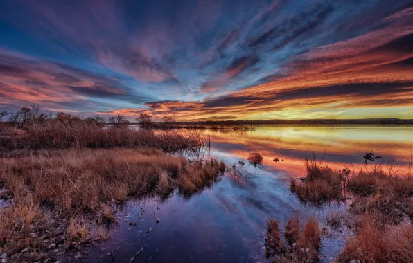 Осень, закат, берег, Sunrise, Colorado, Chatfield State Park, Lake Chatfield