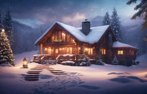 Картинка зима, снег, ночь, lights, елка, Новый Год, мороз, Рождество