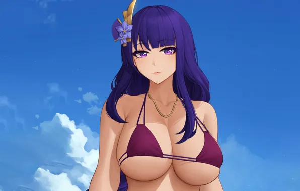 Girl, sexy, cleavage, sky, long hair, boobs, anime, beautiful