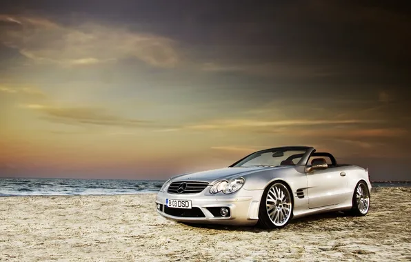 Песок, пляж, пейзаж, фото, обои, Mercedes, кабриолет, cars