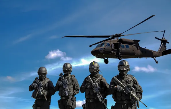 Оружие, вертолет, воины, спецназ, helicopter, blue sky, weapons, голубое небо