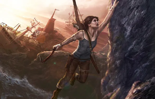 Море, девушка, скала, обрыв, корабль, Tomb Raider, Lara Croft, Расхитительница Гробниц