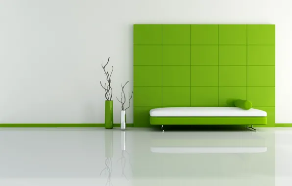 Картинка зеленый, кровать, минимализм, квадраты, вазы