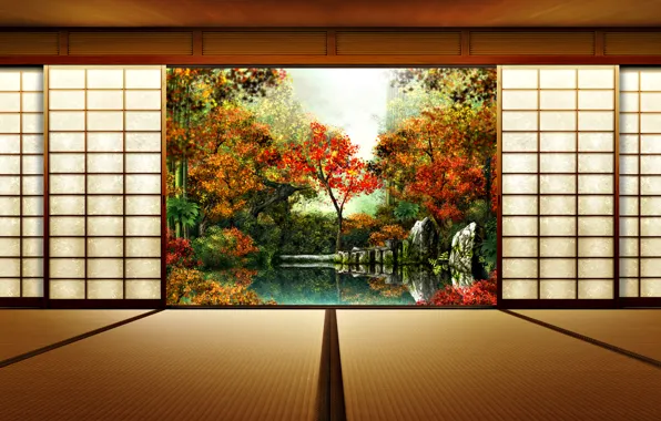 Деревья, природа, япония, погода, японский дом, вид на сад