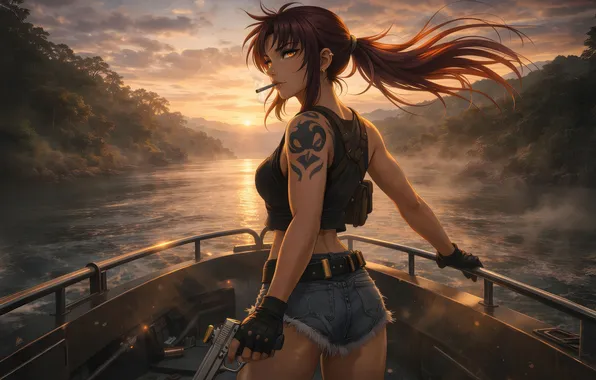 Картинка girl, sunset, anime, boat, adventurer