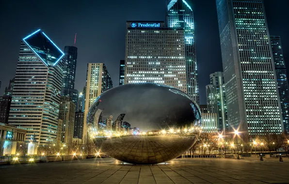 Картинка ночь, город, огни, отражение, Чикаго, millennium park, Spaceship Earth