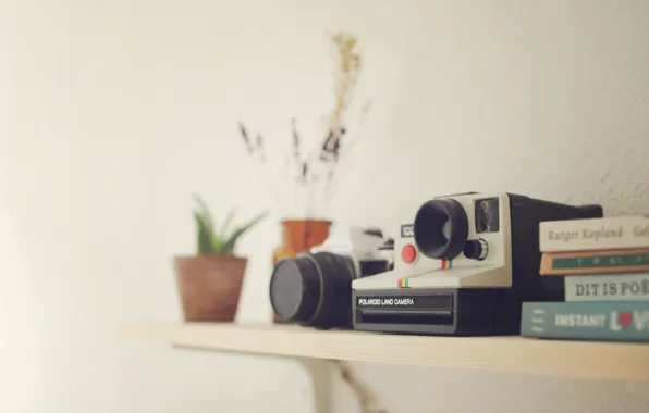 Cameras, books, Polaroid, Pentax