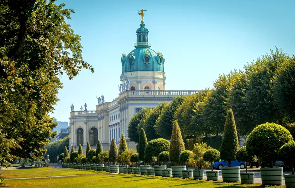 City, trees, landscape, castle, town