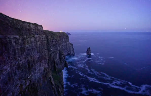 Картинка небо, вода, звезды, закат, океан, скалы, вечер, Ирландия