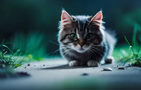 Кошка, взгляд, поза, котенок, мордашка, цифровое искусство, ИИ-арт, нейросеть