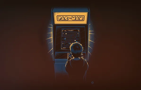 Картинка Минимализм, Мальчик, Игра, Фон, Pacman, Pac-Man, Ностальгия, Игровой автомат