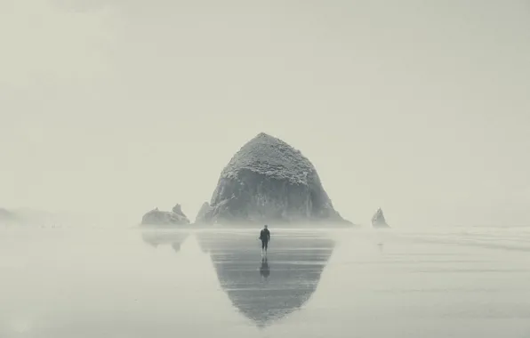 Картинка волны, пляж, туман, отражение, камень, зеркало, мужчина, дождливое