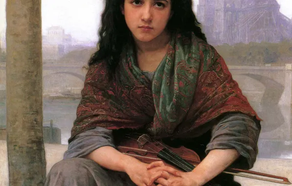 Девушка, Взгляд, Скрипка, Картина, William-Adolphe Bouguereau, Французский академический художник, Уильям-Адольф Бугро, Цыганка