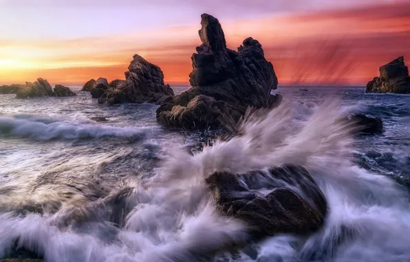 Картинка море, волны, закат, брызги, природа, скалы