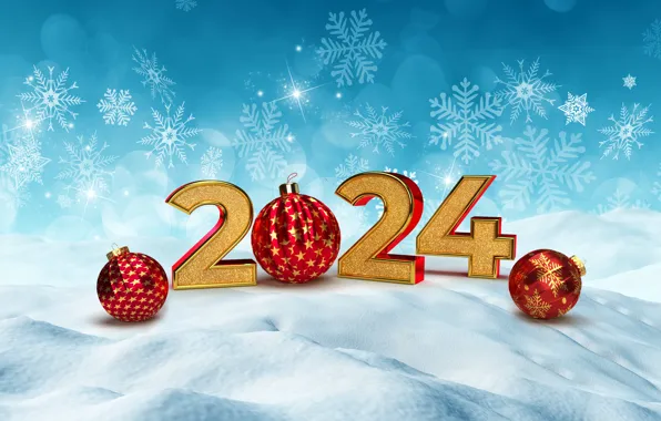 Картинка зима, снег, снежинки, шары, Новый Год, Рождество, цифры, golden