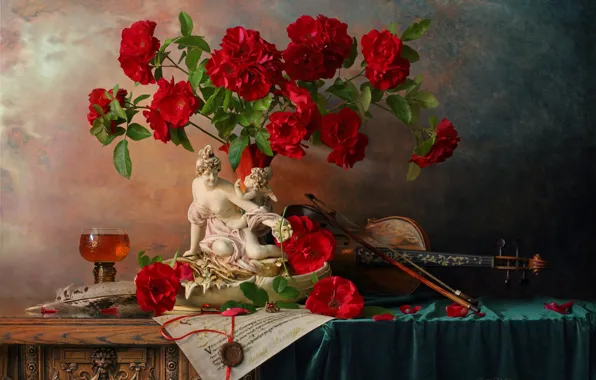 Письмо, цветы, стиль, скрипка, бокал, розы, статуэтка, натюрморт