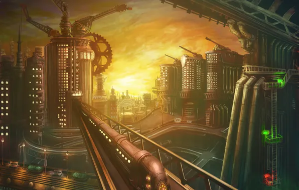 Картинка будущее, мир, здания, дороги, поезд, высокие, механики, техно-город