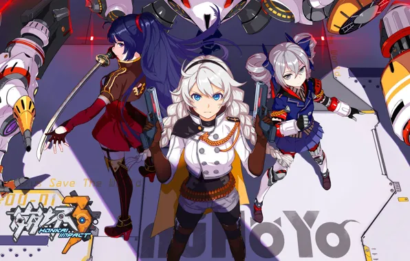 Girl, gun, pistol, game, robot, mecha, weapon, anime
