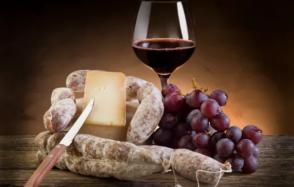 Картинка вино, красное, бокал, сыр, виноград, гроздь, нож, салями