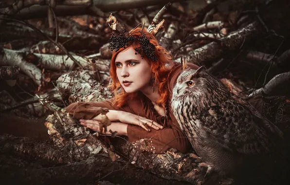 Взгляд, девушка, стиль, сова, птица, портрет, косплей, Eva Wald