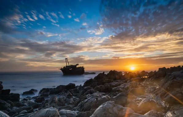 Картинка море, закат, берег, корабль, South Africa, Western Cape, L'Agulhas